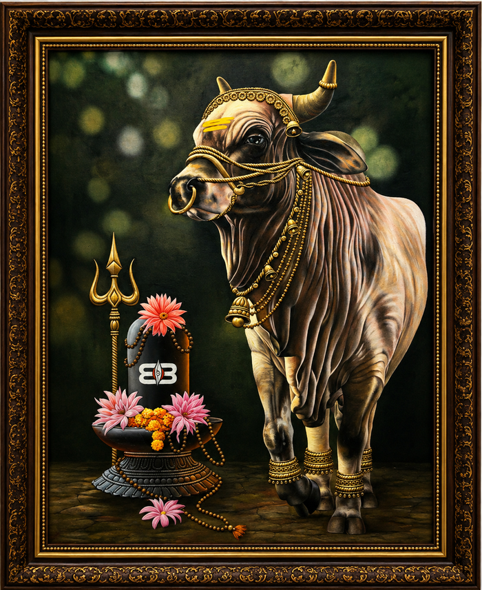 Sacred Nandi framed Vastu canvas painting in gold and black by Army Bhanderi