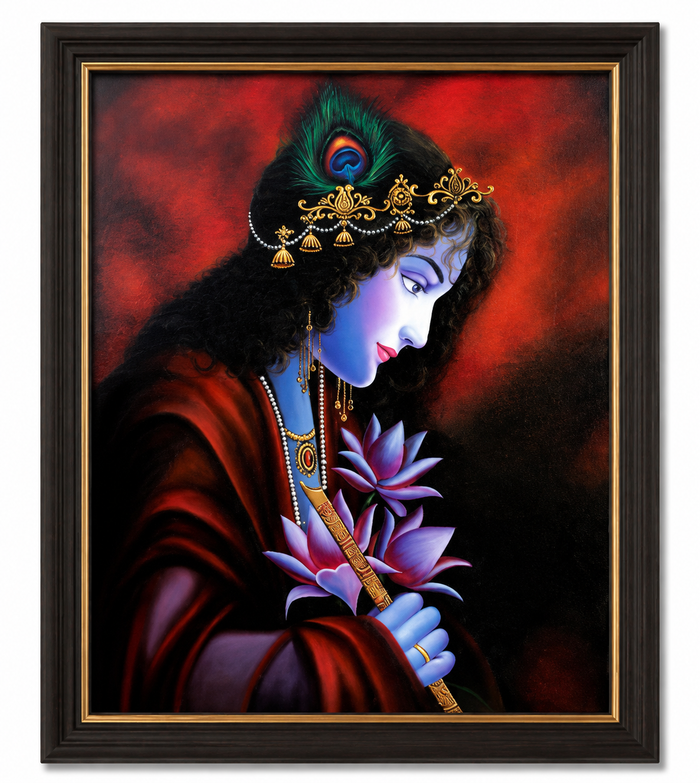 Krishna oil painting on canvas — handmade devotional wall art by Army Bhanderi, KalaaDhara