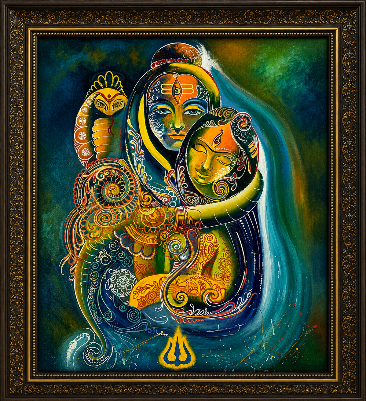 Shiv Shakti Mahadev Parvati oil painting on canvas — handmade devotional art by Army Bhanderi, KalaaDhara