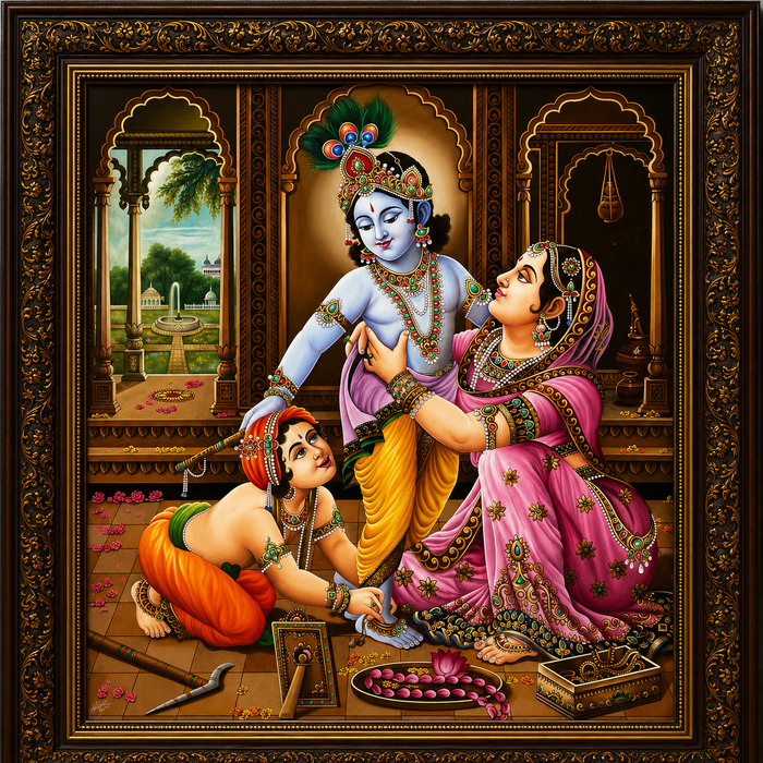 Krishna, Yashoda and Balram oil painting on canvas — handmade devotional art by Army Bhanderi, KalaaDhara
