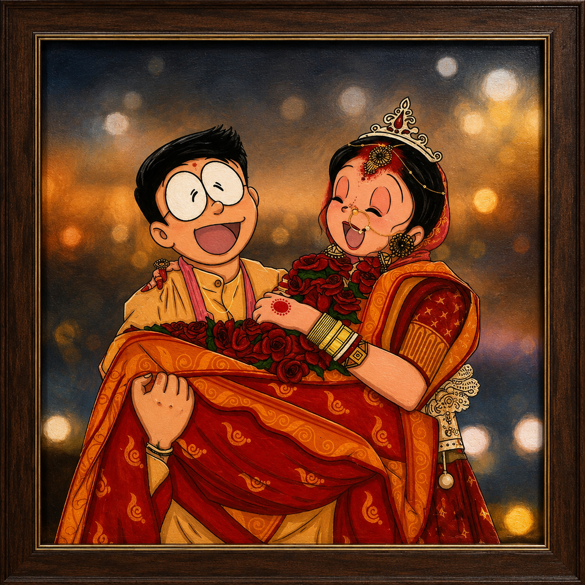 Whimsical childhood dream wedding cartoon couple oil painting on canvas by Army Bhanderi, KalaaDhara