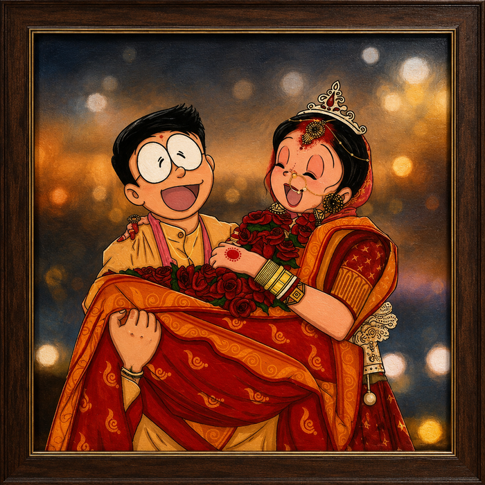 Whimsical childhood dream wedding cartoon couple oil painting on canvas by Army Bhanderi, KalaaDhara