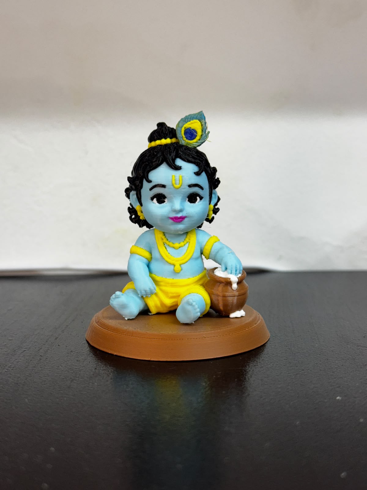 Bal Krishna Makhan Chor hand-painted idol holding a butter pot — 3 inch murti by KalaaDhara for home mandir, car dashboard or gifting