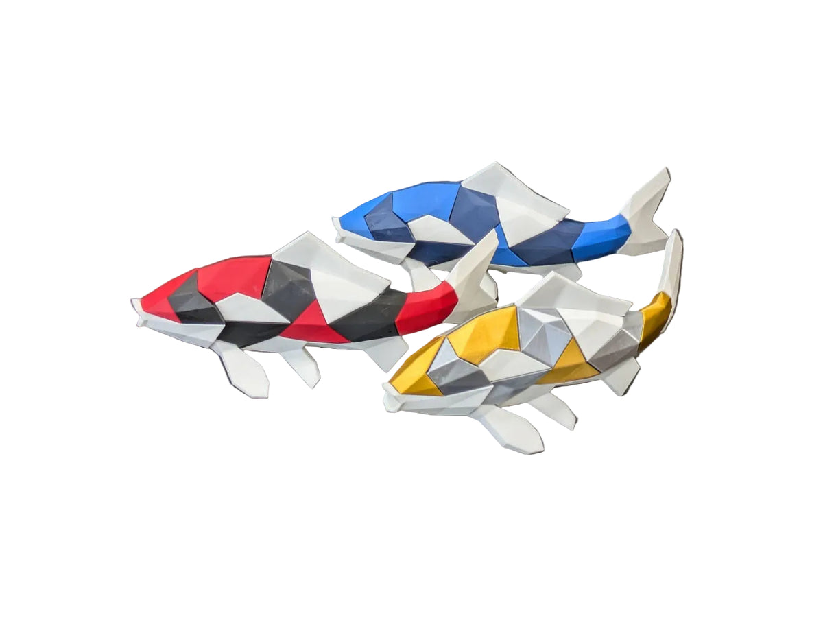 Three low-poly paper fish models in red, blue, and yellow-and-white color schemes, arranged on a dark gray surface with a 'Thanabun Lab' logo at the bottom.
