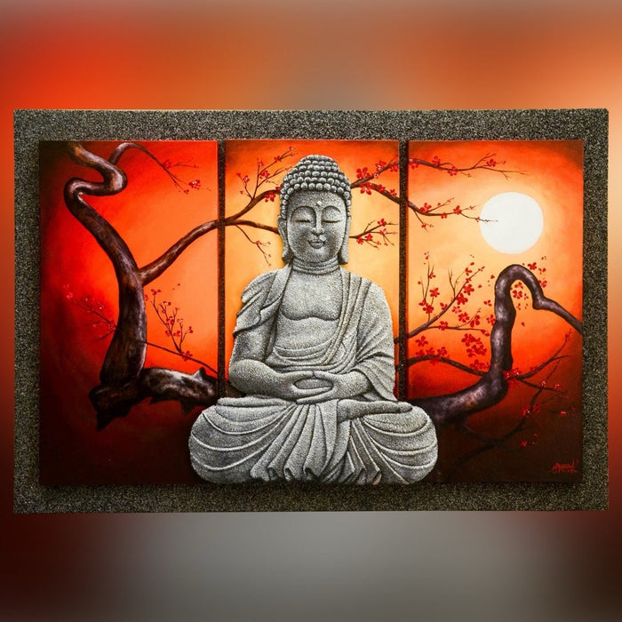 Textured oil-and-sand Buddha painting in crimson on canvas, meditating pose — KalaaDhara
